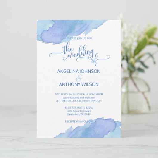 Waterverf Blauw Blauwgroen Aqua Bruiloft Uitnodigi Kaart (Staand voorkant)