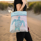 Waterverf Blauw Blauwgroen Zee Schildpad op Perzik Tote Bag