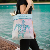 Waterverf Blauw Blauwgroen Zee Schildpad op Perzik Tote Bag
