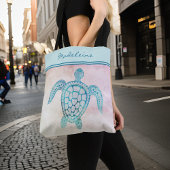 Waterverf Blauw Blauwgroen Zee Schildpad op Perzik Tote Bag