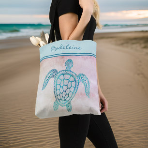 Waterverf Blauw Blauwgroen Zee Schildpad op Perzik Tote Bag