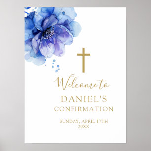 Waterverf Blauw Bloem Motief Bevestiging Welkom Bo Poster