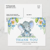 Waterverf Blauw Bloem Motief Olifant Baby Shower Briefkaart (Voorkant / Achterkant)