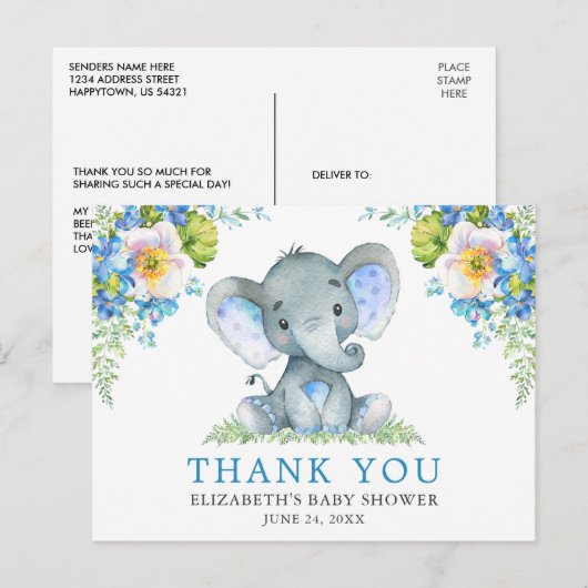 Waterverf Blauw Bloem Motief Olifant Baby Shower Briefkaart (Voorkant / Achterkant)