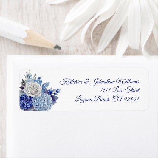 Waterverf Blauw Bloemboeket-Bruiloft- Etiket (Insitu)