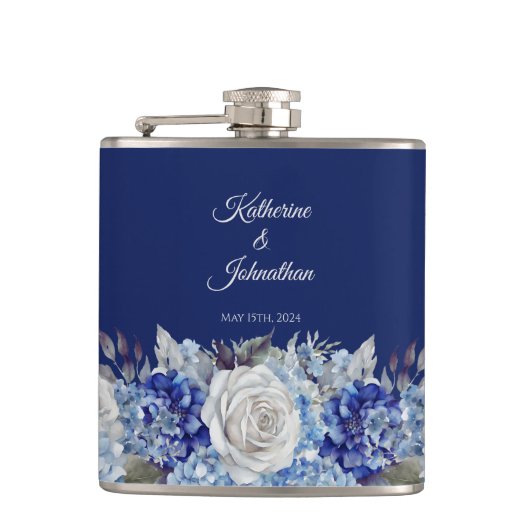 Waterverf Blauw Bloemboeket-Bruiloft- Heupfles (Voorkant)