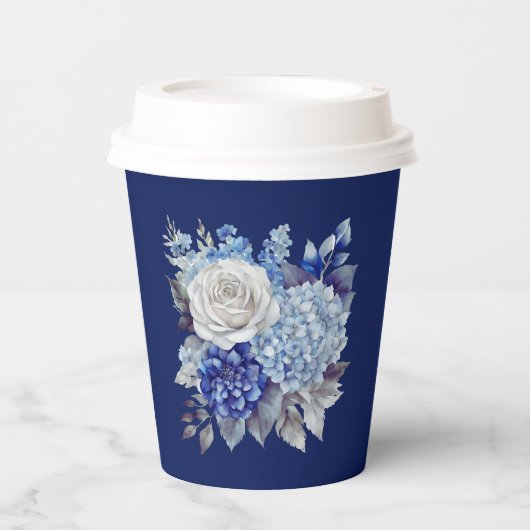 Waterverf Blauw Bloemboeket-Bruiloft- Papieren Bekers (Voorkant)