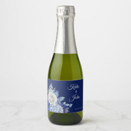 Waterverf Blauw Bloemboeket-Bruiloft- Sparkling Wijnetiket