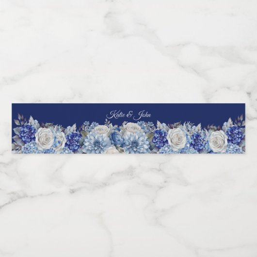 Waterverf Blauw Bloemboeket-Bruiloft- Waterfles Etiket (Enkel label)