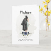 Waterverf Blauw Bloemen Afstuderen Brunette Meisje Kaart (Gele Bloem)