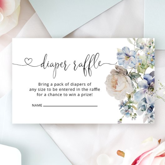 Waterverf Blauw Bloemen Baby shower Luier Raffle Informatiekaartje