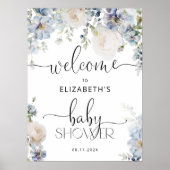 Waterverf Blauw Bloemen Baby shower Welkom Poster (Voorkant)