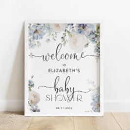 Waterverf Blauw Bloemen Baby shower Welkom Poster