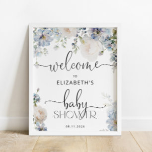 Waterverf Blauw Bloemen Baby shower Welkom Poster