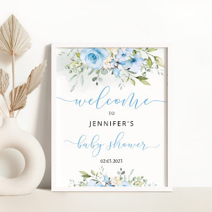 Waterverf Blauw Bloemen baby shower Welkomstbord Poster