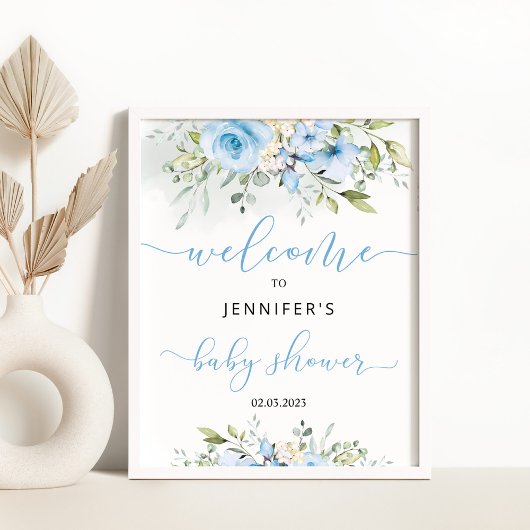 Waterverf Blauw Bloemen baby shower Welkomstbord Poster