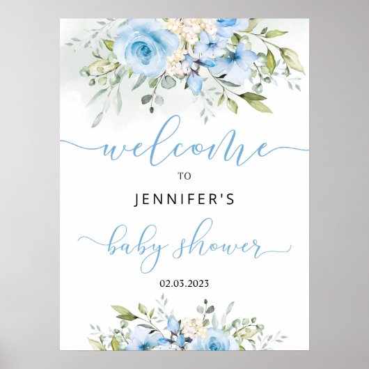 Waterverf Blauw Bloemen baby shower Welkomstbord Poster (Voorkant)
