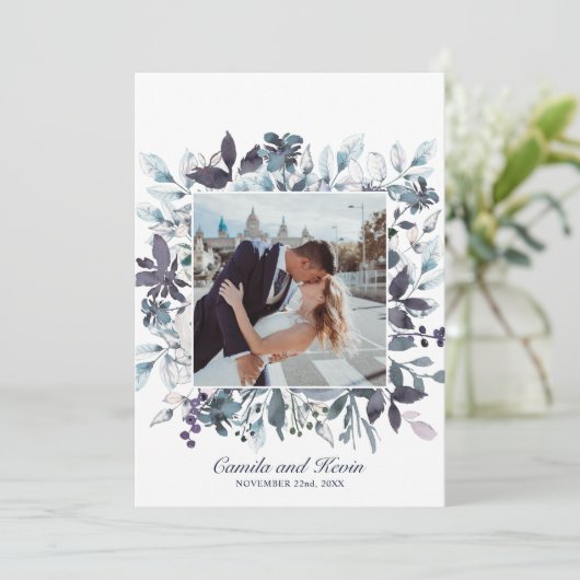 Waterverf Blauw Bloemen Bruiloft Dank u FOTO Bedankkaart (Staand voorkant)