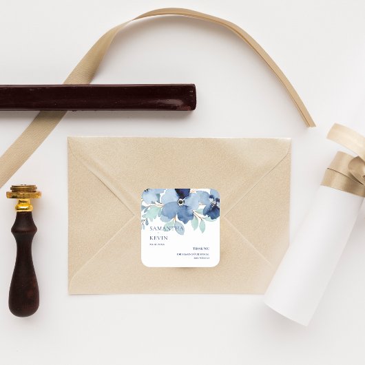 Waterverf Blauw Bloemen Bruiloft Dank u Vierkante Sticker