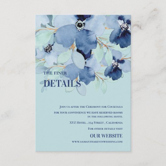 Waterverf  Blauw Bloemen Bruiloft Details Informatiekaartje (Voorkant)