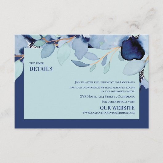  Waterverf Blauw Bloemen Bruiloft Details Informatiekaartje (Voorkant)