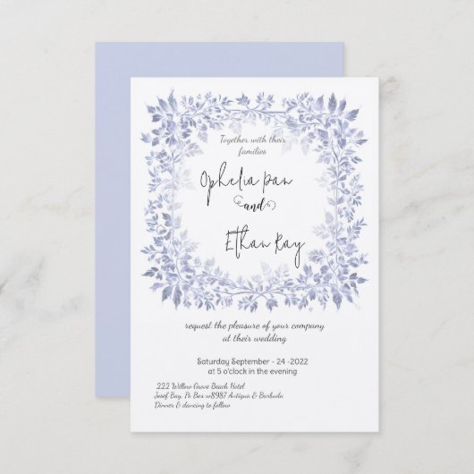 Waterverf Blauw Bloemen bruiloft Uitnodiging (Voorkant / Achterkant)