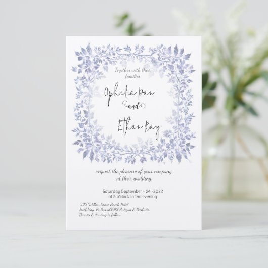 Waterverf Blauw Bloemen  bruiloft Uitnodiging (Staand voorkant)