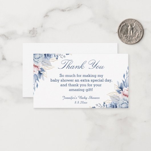 waterverf Blauw Bloemen Dank u baby shower Notitiekaartje (Voorkant / Achterkant in situ)