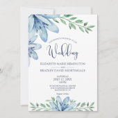 Waterverf Blauw Bloemen en Groen Bruiloft Kaart (Voorkant)