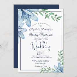 Waterverf Blauw Bloemen & Groen Bruiloft Kaart