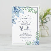 Waterverf Blauw Bloemen & Groen Bruiloft Kaart (Staand voorkant)