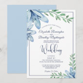 Waterverf Blauw Bloemen & Groen Bruiloft Kaart (Voorkant / Achterkant)