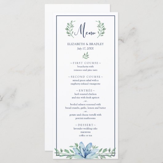 Waterverf Blauw Bloemen Groen Bruiloft Menu (Voorkant / Achterkant)