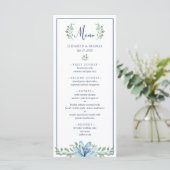 Waterverf Blauw Bloemen Groen Bruiloft Menu (Staand voorkant)