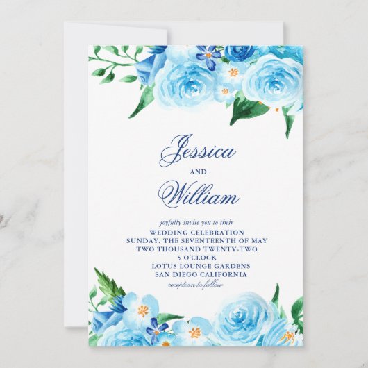 Waterverf Blauw Bloemen Groen Licht Bruiloft Kaart (Voorkant)