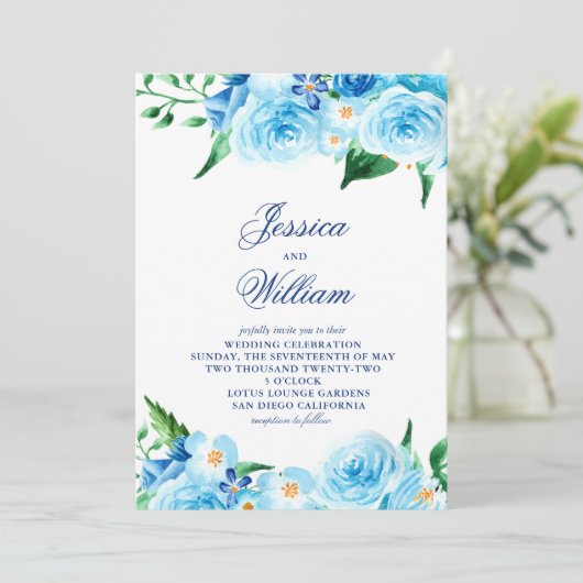 Waterverf Blauw Bloemen Groen Licht Bruiloft Kaart (Staand voorkant)