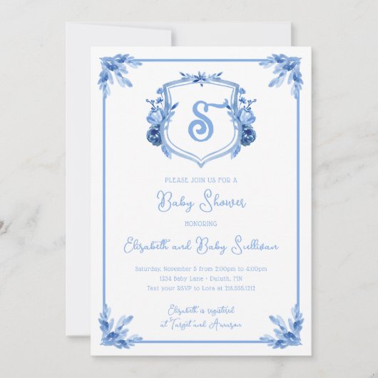 Waterverf Blauw Bloemen Monogram Crest Baby shower Kaart (Voorkant)