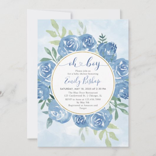 Waterverf blauw bloemen Oh boy Baby shower Kaart (Voorkant)