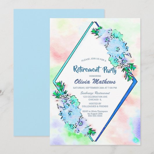 Waterverf Blauw Bloemen Pensioen Partij Kaart (Voorkant / Achterkant)