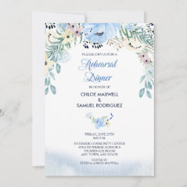Waterverf Blauw Bloemen Repetitie Diner Uitnodigin Kaart