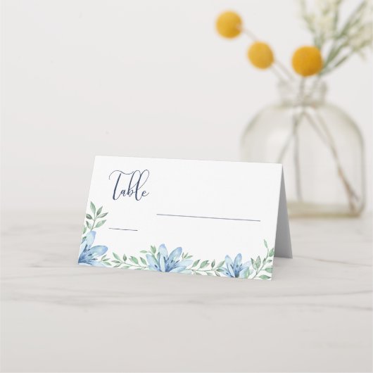 Waterverf Blauw Bloemen Tafel Bruiloft Plaatskaartje (Voorkant)
