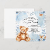 Waterverf Blauw Bloemen Teddy Bear Baby shower Kaart (Voorkant / Achterkant)