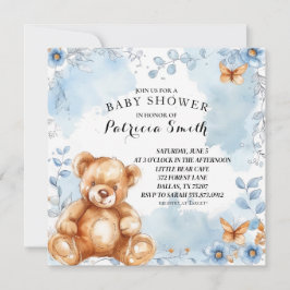 Waterverf Blauw Bloemen Teddy Bear Baby shower Kaart
