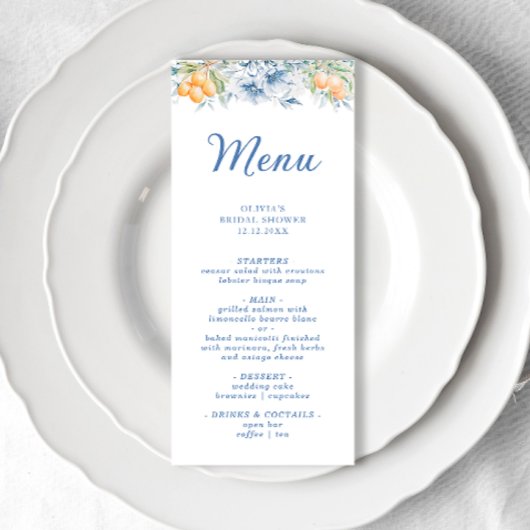 Waterverf Blauw Bloemen Vrijgezellenfeest Menu