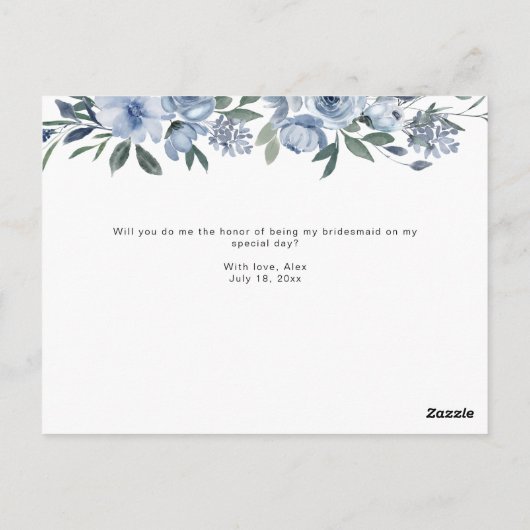 waterverf blauw bloemen zal je bruidsmeisje kaart  (Achterkant)