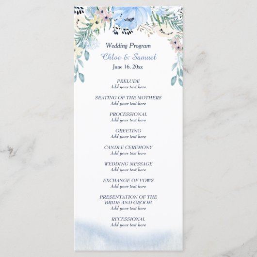 Waterverf blauw bloemenbruiloft programma programmakaart (Voorkant)