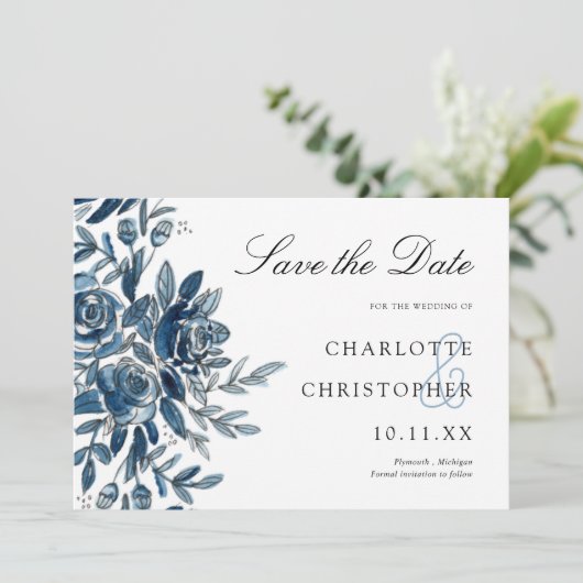 waterverf blauw bloemenhorizontaal Save the date Kaart (Staand voorkant)