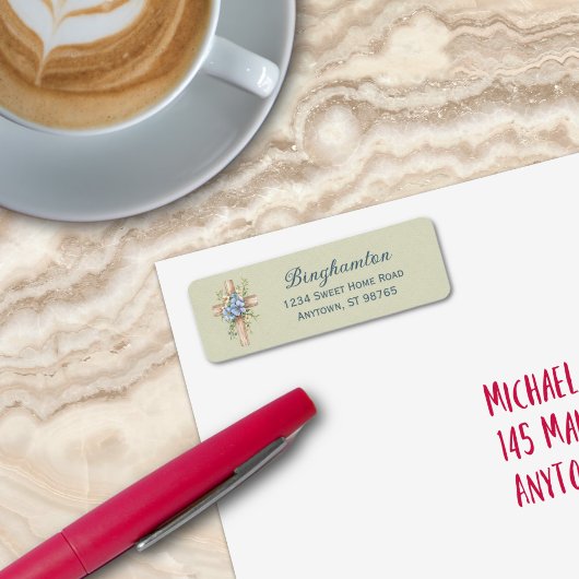 Waterverf Blauw Bloemenkruis gepersonaliseerd Etiket