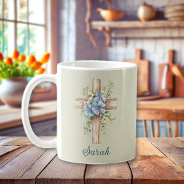 Waterverf Blauw Bloemenkruis gepersonaliseerd Koffiemok