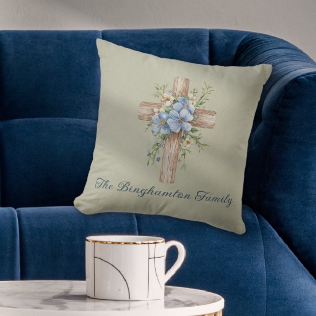Waterverf Blauw Bloemenkruis gepersonaliseerd Kussen (Watercolor Blue Floral Cross Personalized Throw Pillow
)